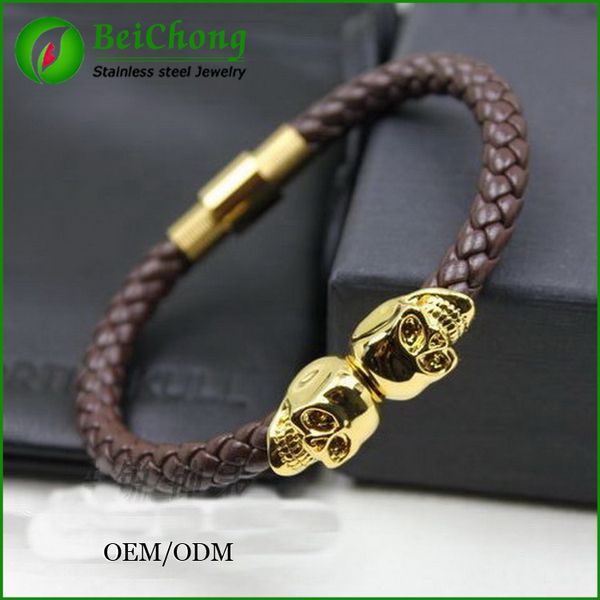 

bc jewelry 1pc new fashion northskull bangle men's stainless steel skull clasp black leather bracelet 20(8") long for men bc-189