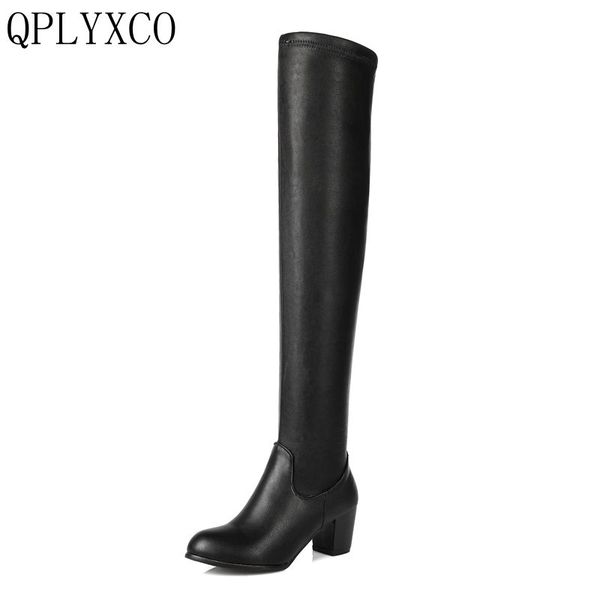 

qplyxco 2020 new big size 34-43 fashion women over knee boots woman round toe high heel shoes ladies elastic bootie c108, Black