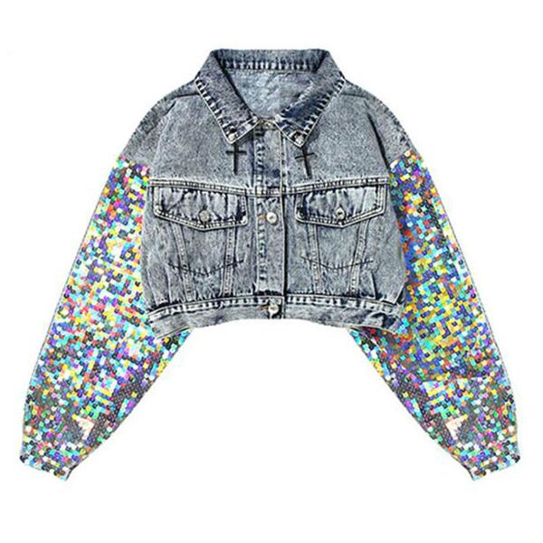 

handmade sequins fashion denim jacket women's jeans slim short shimmer spliced jeans coat casual girls outwear jeans jacket, Black;brown