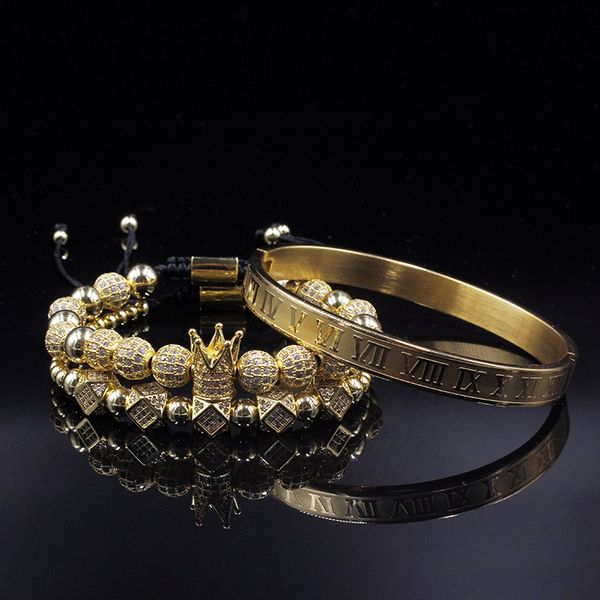 

3pcs/set men braceletsluxury crown charm micro pave cz round braided macrame bracelet pulseira feminina handmade jewelry women, Golden;silver