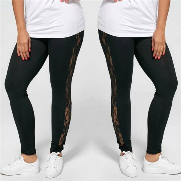 

women ladies fashion casual leggings solid lace insert sheer high waist leggings plus size l to 3xl, Black