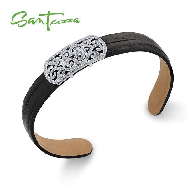 

santuzza серебряный браслет для женщин мужчин 925 sterling silver регулируемый браслет черный подлинная кожа punk ювелирной моды y200810, Black