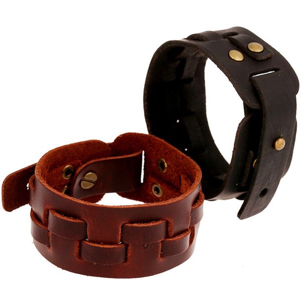 

fashion vintage wide bracelet cuff casual braided leather charm black brown bangle biker women wristbands retro punk men jewelry, Golden;silver