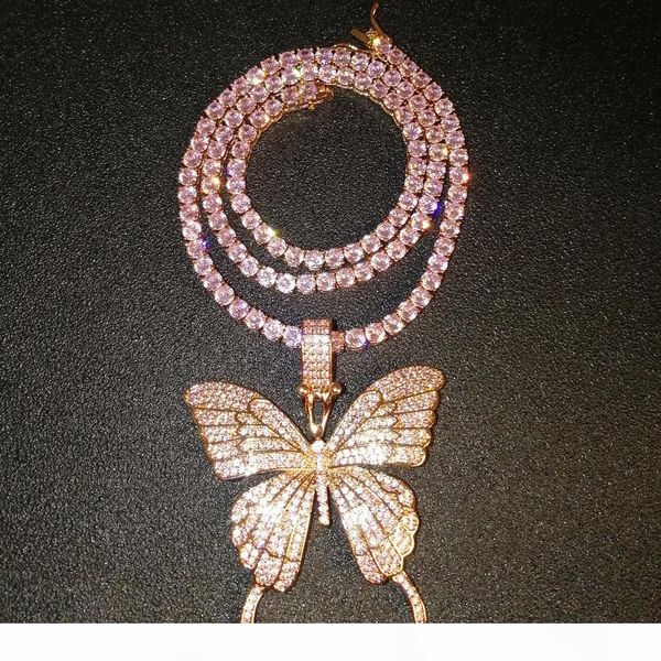 

fine jewelry rose gold micro pave pink cz cubic zircon diamond cuban link chain tennis butterfly necklace hip hop jewelry, Silver
