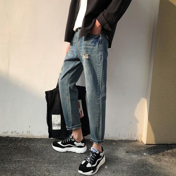 

2020 summer men's new products stretch slim fit classic skinny jeans hole fashion trend trousers blue color casual pants s-2xl