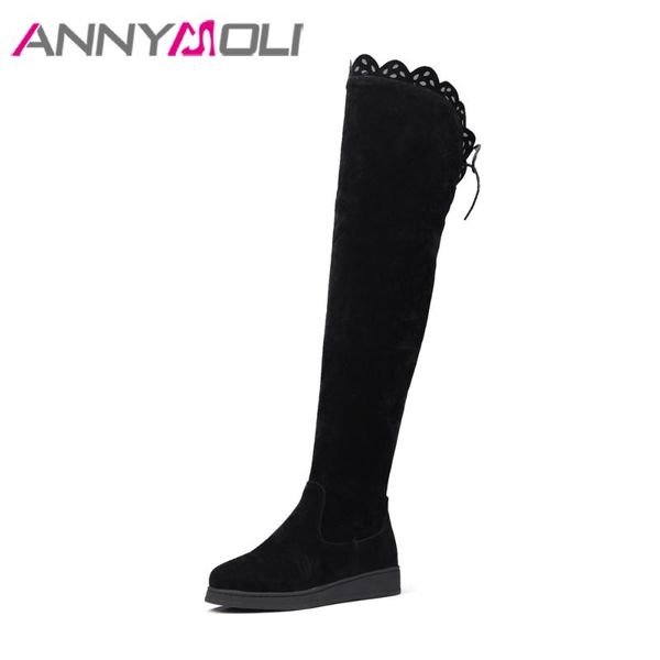 

annymoli boots women over the knee boots bow thigh high winter cutout shoes flats zip handmade shoes black plus size 10 43