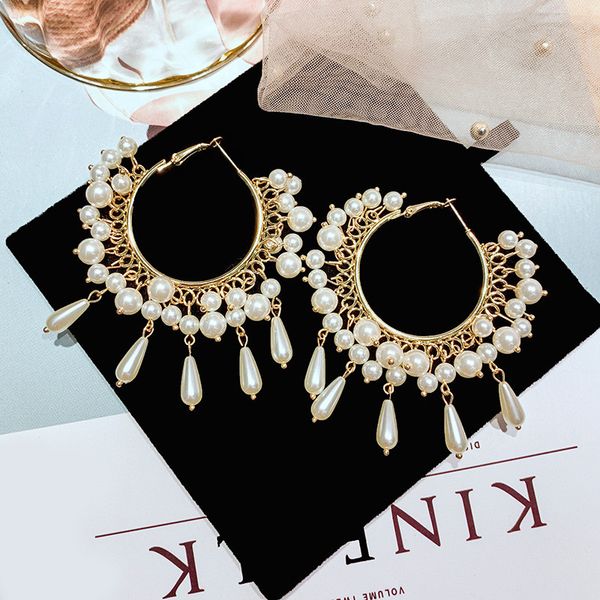 

ewelry & accessories fashion round geometric hoop earrings for women 2020 tassel oversize simulated pearl earring jewelry, Golden;silver