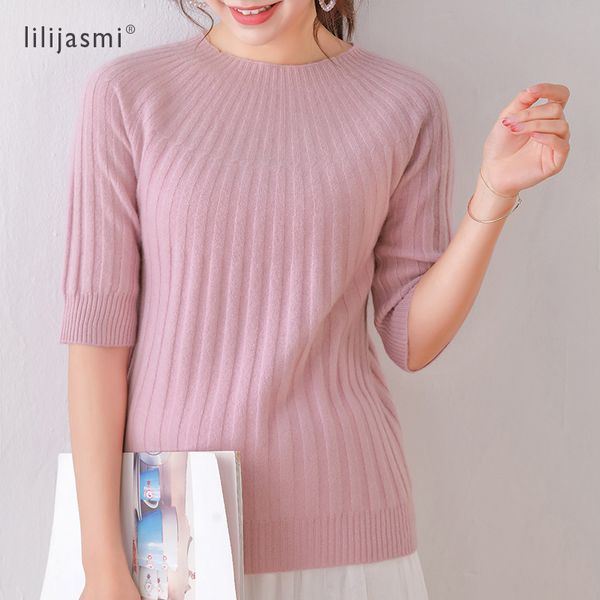

100% wool women's o-neck half sleeve ribbed pullover super soft fine wool women umbrella knitted tshirt 4 colors sweater fashion, White;black