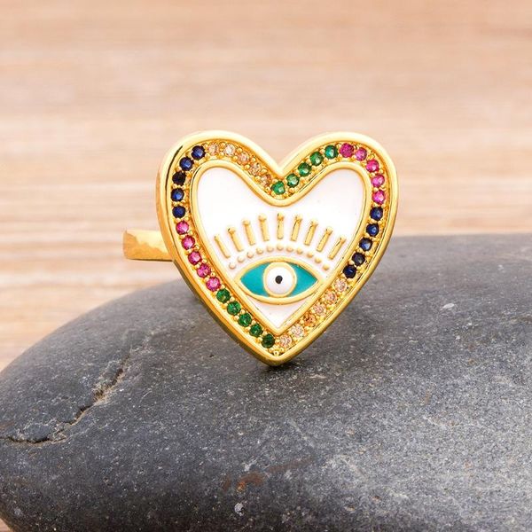 

new trendy heart shape evil eye rings 3 colors choice adjustable ring copper cz jewelry party wedding new year gift for women, Golden;silver