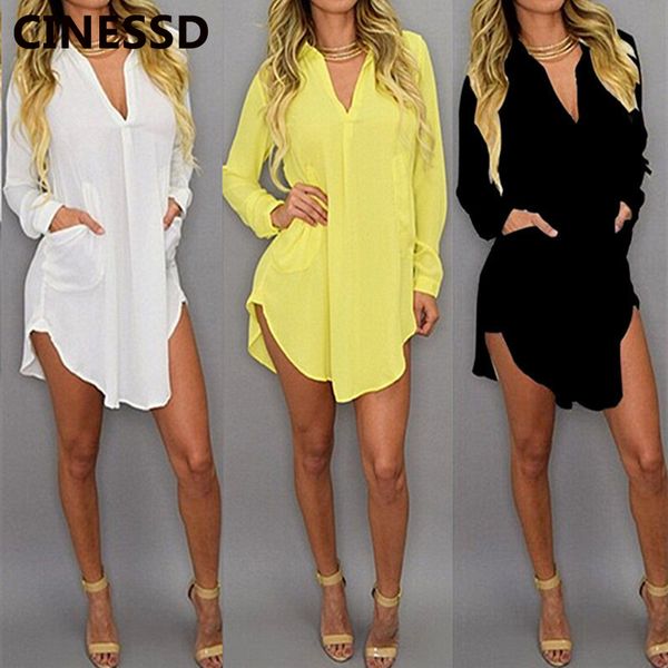 

cinessd women chiffon blouse v neck long sleeves navy blue casual shirt autumn asymmetry pocket ladies office tee shirts, White