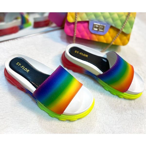 

2020 female shoes rainbow slippers fashion plus size outdoor sandals non-slip wild thick bottom wedges slippers footwear summer, Black