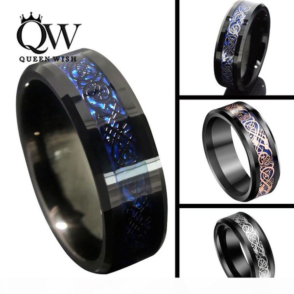 

queenwish 8mm black blue tungsten carbide rings sliver black 18k rose gold celtic dragon mens wedding band statement jewelry, Golden;silver