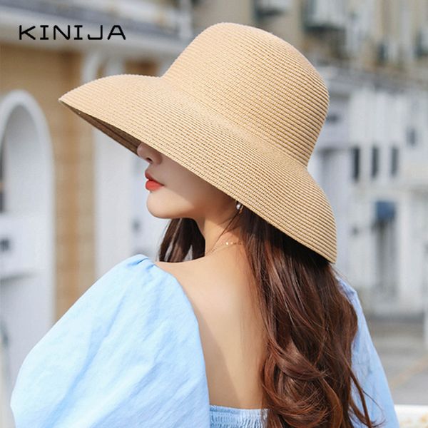 

hepburn summer sun hat ladies solid plain elegant wide brim hat round uv protection floppy straw beach panama chapeau, Blue;gray