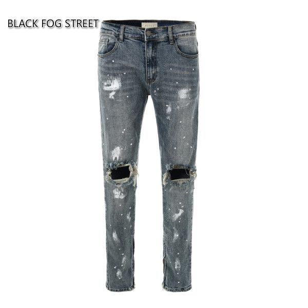 

black fog street classic wash to do old damage jeans men's zippers skinny slim fit holes style splashed ink cotton denim ripped, Blue