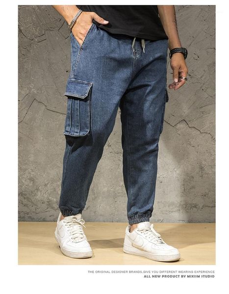 

trousers hip pop male clothing plus size mens designer cargo pants fashion pocket drawstring pants fitness mens, Black