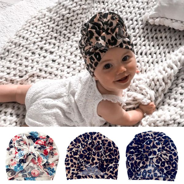 

leopard printed baby hat autumn winter newborn turban bows knot flower baby girl boy beanie hat bonnet cap pgraphy props, Slivery;white