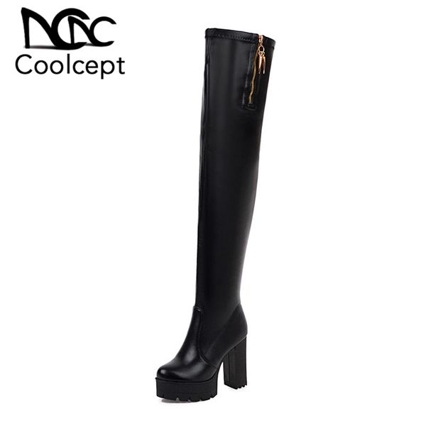 

boots coolcept plus size 33-48 fashion ladies long platform zipper over knee daily club shoes footwear, Black