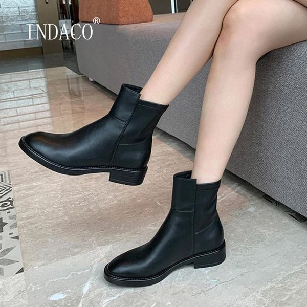 

black leather boots women genuine leather ankle boots for women round toe square heel winter shoes brown slip on