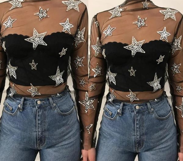 

tshirt summer long sleeve net clothes hollow out lace pullover breathable female clothing 2020 womens designer, White