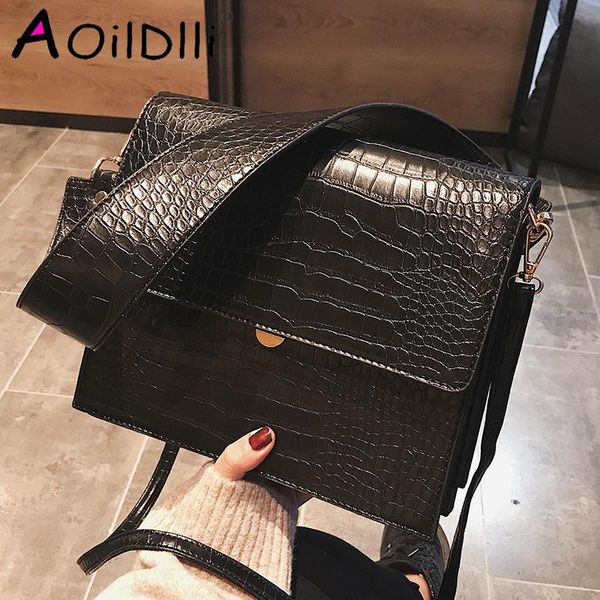 

fashion crocodile women shouder bags wide strap handbags pu leather crossbody bag small flap female purses
