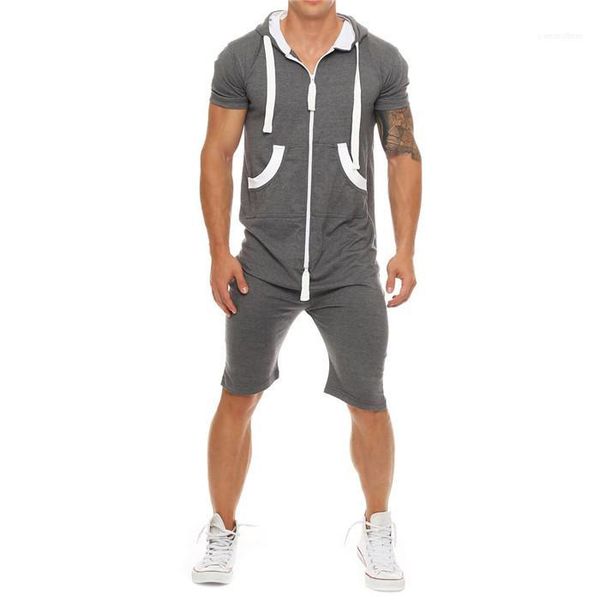 

one piece outfits casual cardigan tracksuit jumpsuits mens zipper short sleeve sweatshirt hoodies mens playsuit overalls summer sportswear, Gray