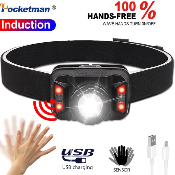 

headlamps 7000lm body motion sensor headlamp usb rechargeable headlight head front light sport lamp with red/white waterproof
