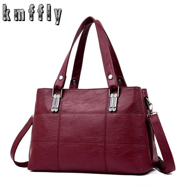 

kmffly brand women leather handbags women's shoulder bags female messenger bag large capacity ladies casual tote bag black/red