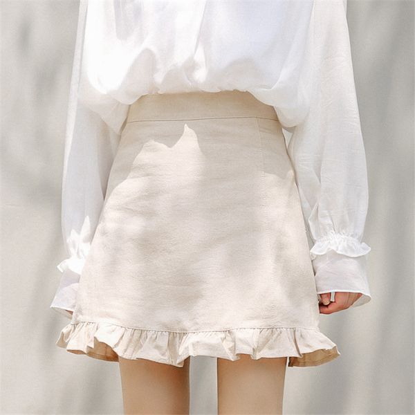 

2020 summer sweet ruffle fish tail white mini skirt women casual solid a-line short skirt women vintage high waist cotton, Black
