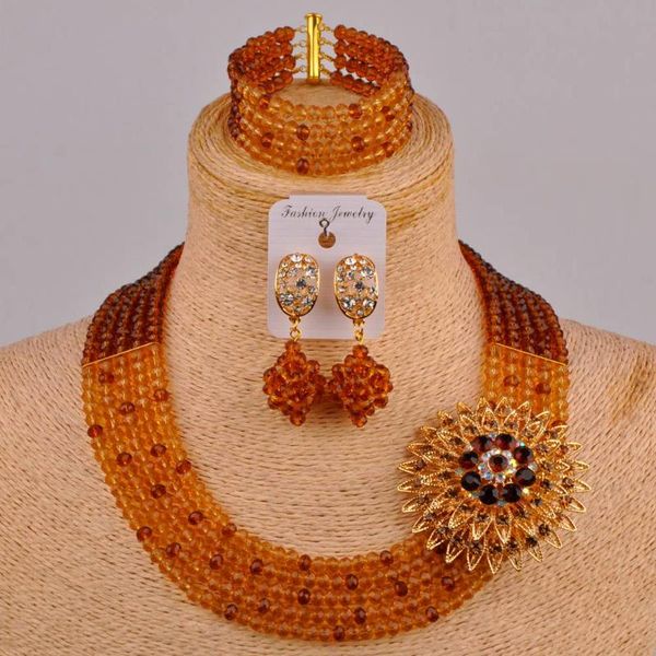 

chocolate brown champagne gold nigerian wedding african jewelry set crystal necklace african set 5sz, Silver