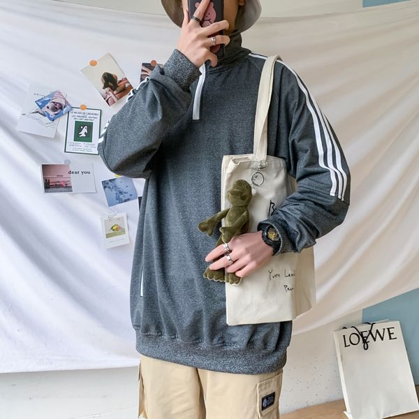 

enao0 autumn three-bar men's fashionable ins fat man's large size clothes loose student coat sweater sweater leisure sports coat, Black