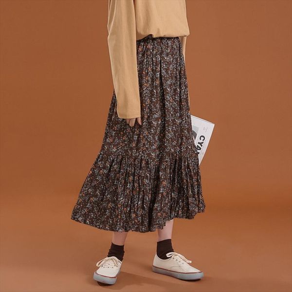 

floral skirt pleated women korean style summer print black empire elastic waist color long skirt female drop shipping
