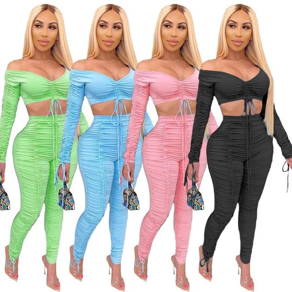

2 pcs set women 2020 autumn long sleeve crop and trousers women casual pleated chest-wrapped casual streetwear suits, Gray