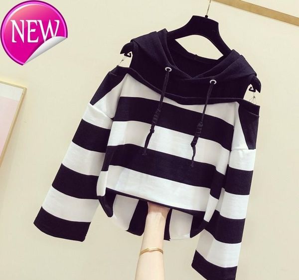 

2020 spring women sweatshirt new korean version loose-fit lazy off-shoulder hooded striped hoodie female streetwear hoodies045, Black