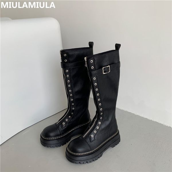 

2020 winter brand designer luxury rivet thick bottom wedge platform boots black good leather knee high boots zipper