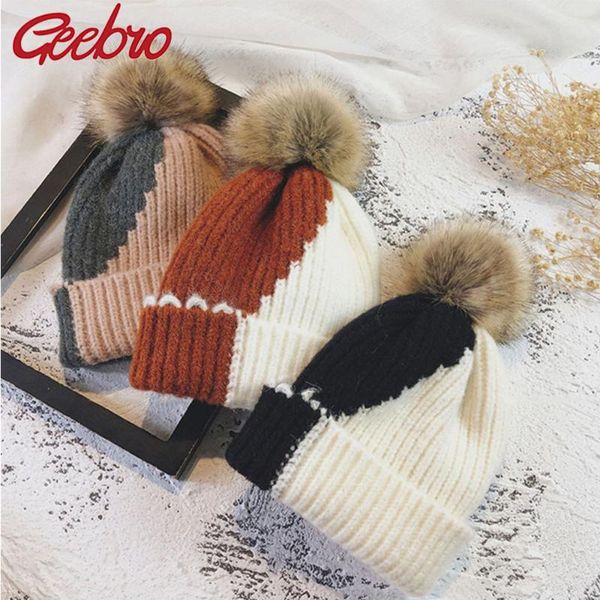 

geebro lovely women patchwork knitted hat warm winter beanie hats double color sweet autumn soft skull cap with big pompom, Blue;gray