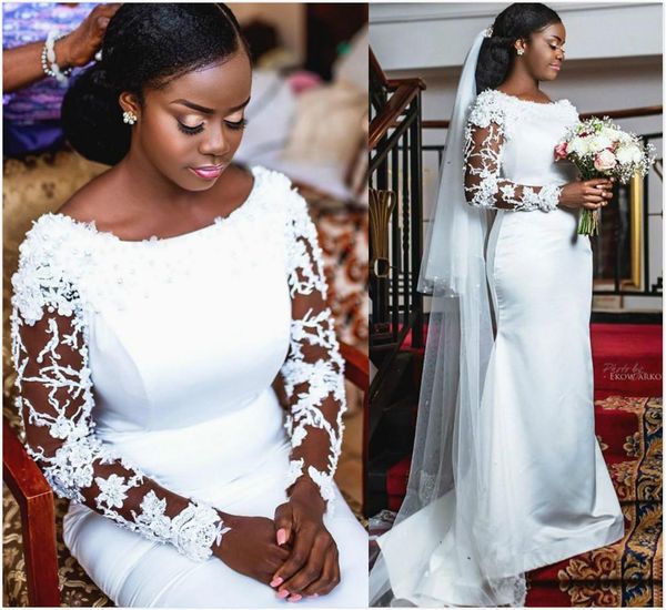 

2021 long sleeves mermaid wedding dresses lace applique scoop neck pearls beaded custom made african wedding gown vestido de novia, White