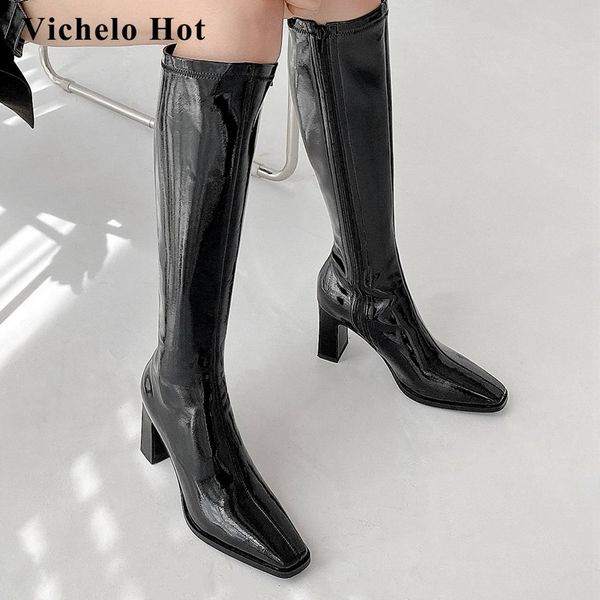

vichelo high street fashion patent leather solid square toe thick high heel zipper beauty girls mature knee boots l85, Black
