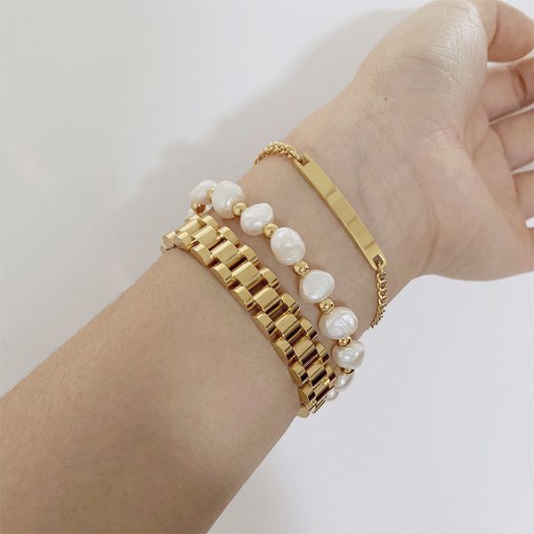 

j.hangke gold-plated irregular freshwater pearl bracelet bangle for women men gold jewellery chain bracelets, Black