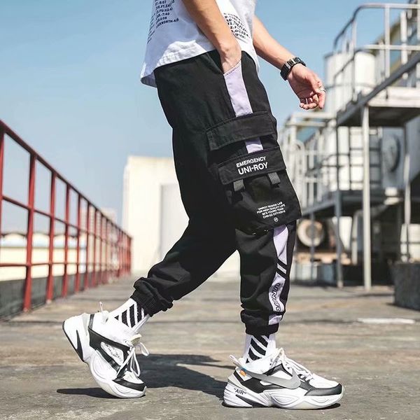 

new fashion men's multi-pocket cargo pants hip hop casual men's striped jogging pants plus-size men's pants s-4xl, Black
