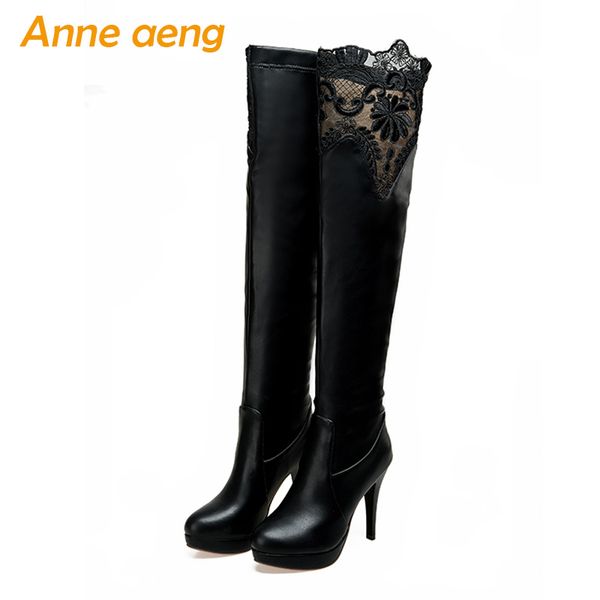 

winter women over-the-knee boots high thini heels round toe slip-on lace ladies women shoes black thigh high boots big size