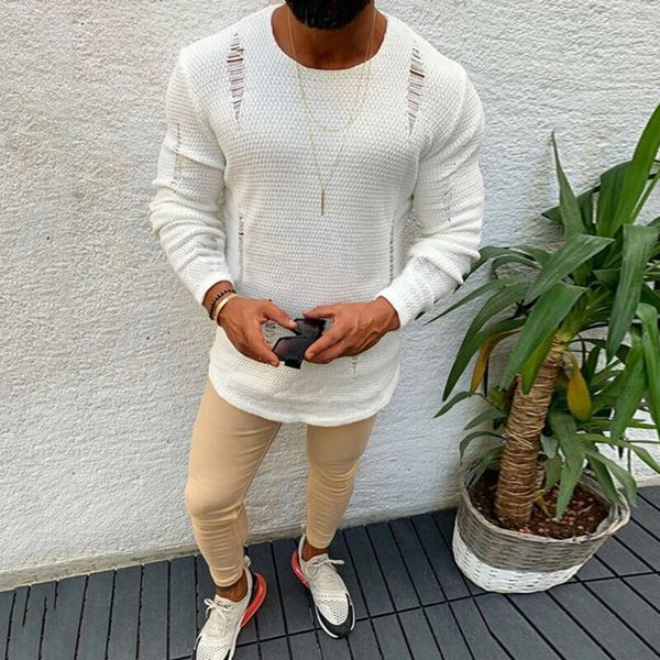 

men's sweaters 2021 fashion cool mens thermal cotton o neck skivvy ripped destroyed sweater causal no loss, White;black