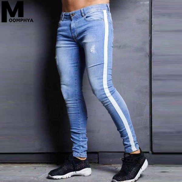 

moomphya side stripes distressed holes black men jeans streetwear hip hop denim skinny jeans men stylish ripped for, Blue