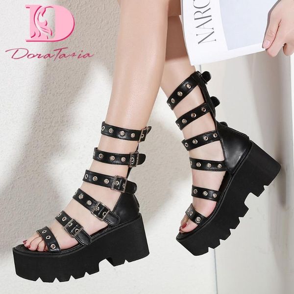 

doratasia brand design gladiator women sandals wedges metal decoration high platform pumps summer party woman shoes, Black