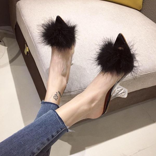 

2020 women fluffy ball pointed toes high heel with fuzzy ball decorated pvc clear party shoes pumps wine-glass shape heels