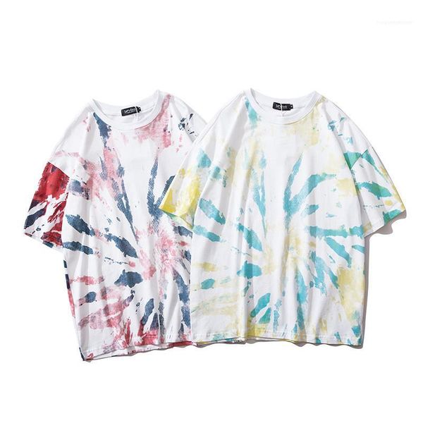 

tie-dye print tees fashion contrast color loose tees casual pullover short sleeve t-shirts mens clothing mens designer, White;black