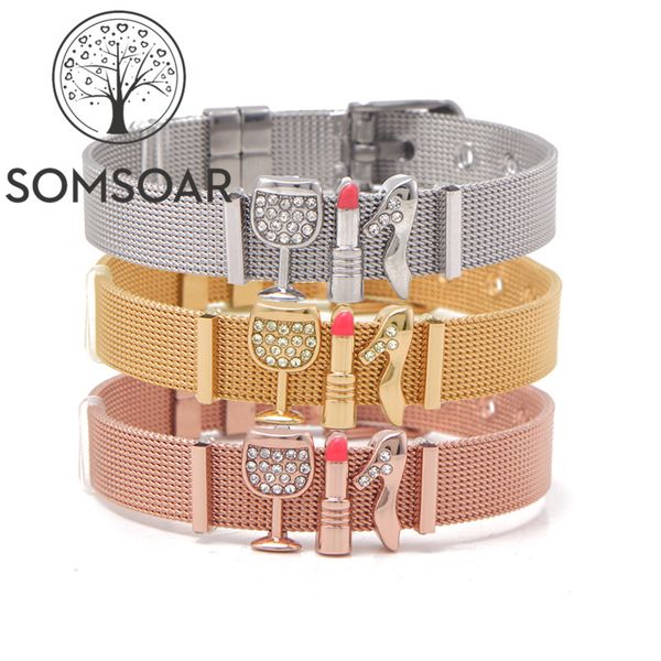 

somsoar jewelry mesh bracelet bangle set with high-heeled shoes & lipstick & wine glass slide charms, Golden;silver