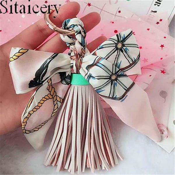 

exquisite leather tassels keychain charms ribbon bowknot scarves pendant bag accessories women key chain fashion car key holder, Silver
