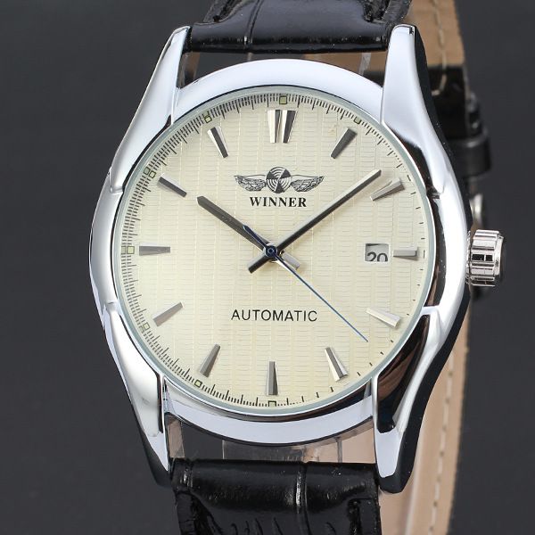 

50pcs/lot winner-d137 excellent winner calendar watch big round dial mechanical leather watch casual men, Slivery;brown