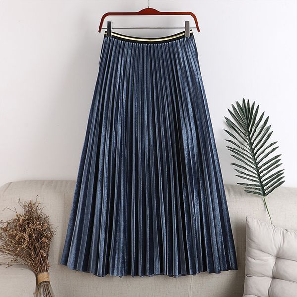 

skirts autumn and winter gold velvet fabric pleated skirt high solid long fashion metallic female, Black