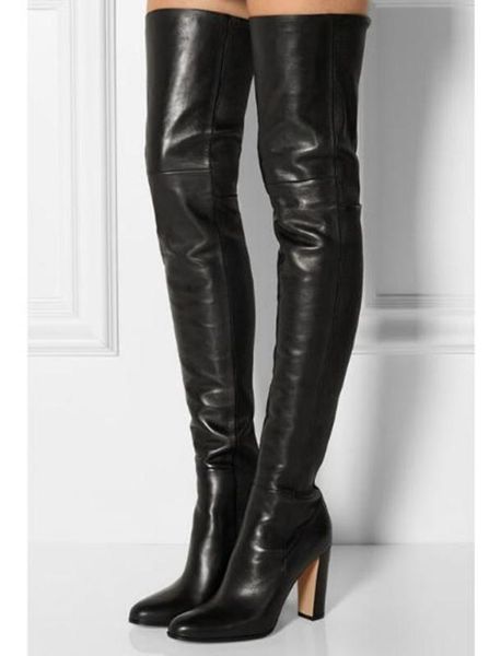 

fashion black leather chunky heel long boots round toe stretch over the knee boots square heels dress shoes big size 10